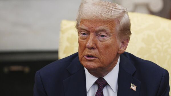 US President Donald Trump talks during a meeting with British Prime Minister Keir Starmer, at the White House, Thursday, Feb. 27, 2025, in Washington. - Sputnik Africa