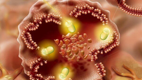 Illustration of radionuclide cancer treatment, release of a gamma ray and electron which will destroy the tumor cell. - Sputnik Africa