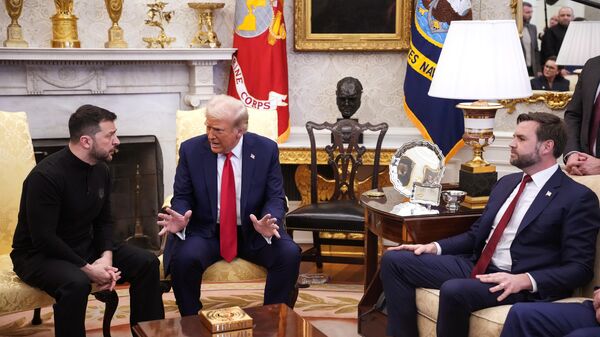 US President Donald Trump (C) and Vice President JD Vance meet with Ukrainian President Volodymyr Zelensky in the Oval Office at the White House on February 28, 2025 in Washington, DC. - Sputnik Africa