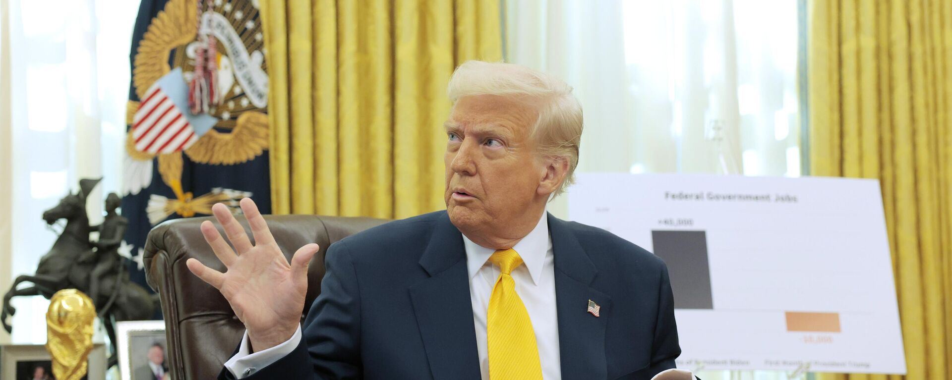 President Donald Trump delivers remarks on the jobs report from the Oval Office at the White House on March 07, 2025 in Washington, DC. - Sputnik Africa, 1920, 08.03.2025