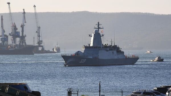 Corvette Hero of the Russian Federation Aldar Tsydenzhapov during mooring. A ceremonial welcoming ceremony for a detachment of Pacific Fleet ships comprising the corvettes Gromkiy,  Rezkiy, Hero of the Russian Federation Aldar Tsydenzhapov and oil tanker Pechenga took place in Vladivostok on December 13, 2024.  - Sputnik Africa