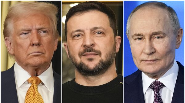 In this combination of file photos, President Donald Trump, left, and Volodymyr Zelensky, center, are seen at the Elysee Palace, Dec. 7, 2024 in Paris, and President Vladimir Putin, right, addresses a Technology Forum in Moscow, Russia, Feb. 21, 2025.  - Sputnik Africa