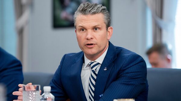 Defense Secretary Pete Hegseth speaks during a meeting with El Salvador's Minister of National Defense Rene Merino Monroy at the Pentagon, Wednesday, April 16, 2025, in Washington - Sputnik Africa