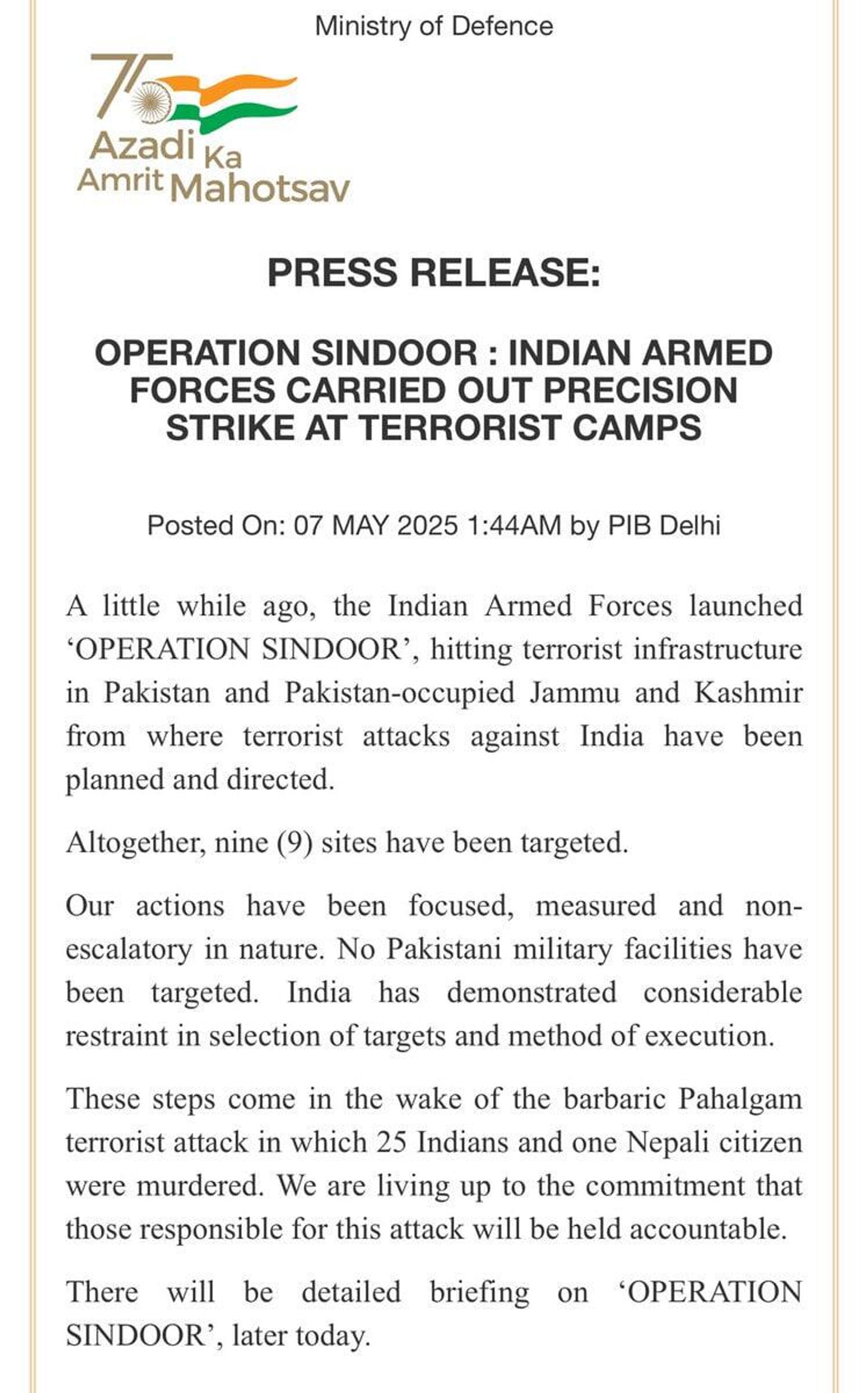 India announces Operation Sindoor, hits targets in Pakistan India announces Operation Sindoor, hits targets in Pakistan - Sputnik Africa, 1920, 06.05.2025