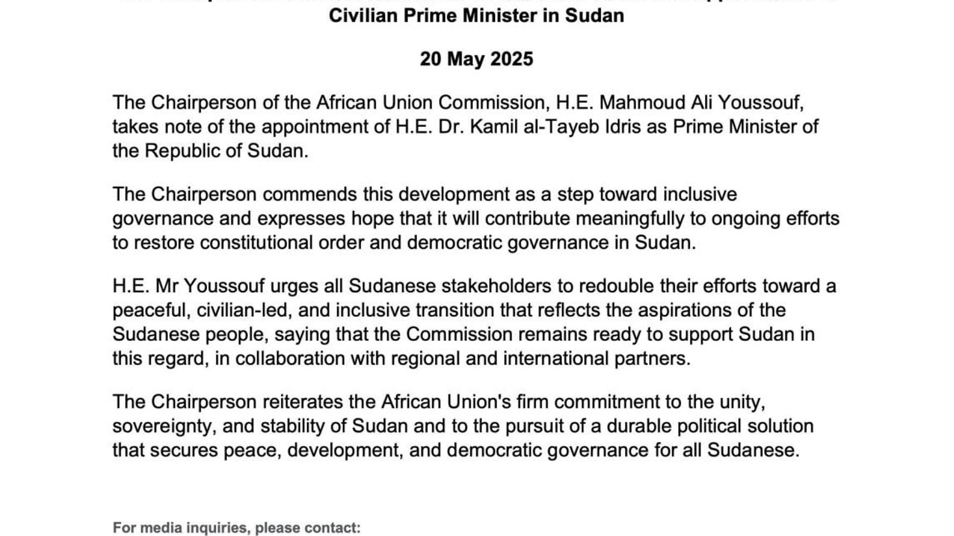 AU Commission Commends Appointment of Sudan's New PM as Step Toward Inclusive Governance AU Commission Commends Appointment of Sudan's New PM as Step Toward Inclusive Governance - Sputnik Africa, 1920, 21.05.2025