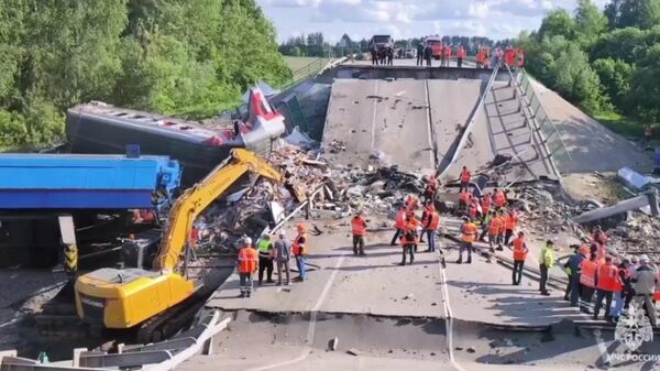 Debris removal at the site of a bridge collapse due to an explosion in the Bryansk Region (video screenshot). At the time of the collapse, the Klimov-Moscow train was passing under the bridge, seven people were killed and more than 70 injured. - Sputnik Africa