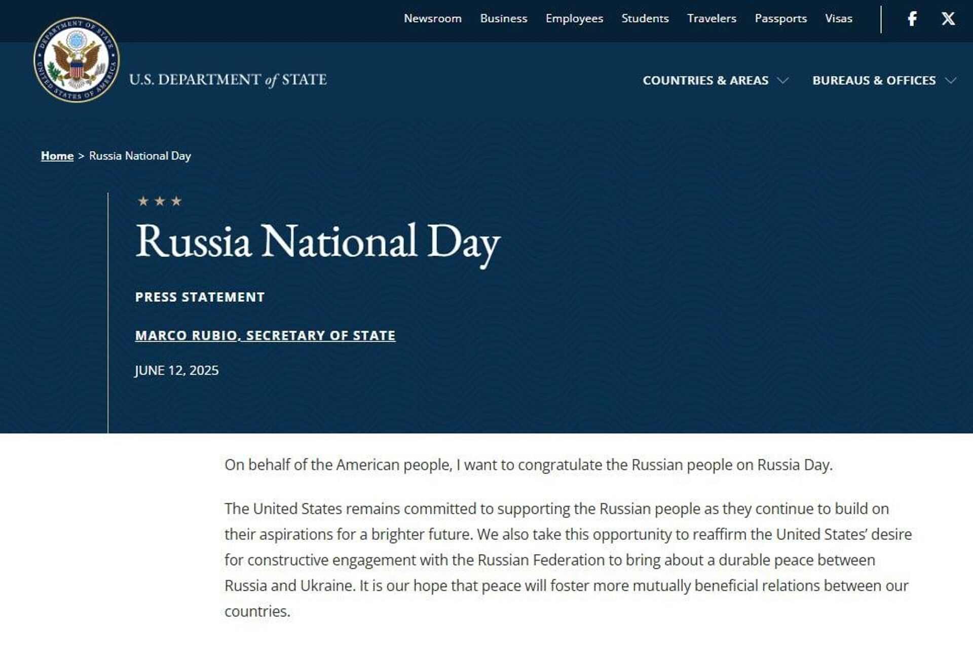 Rubio congratulates Russians on Russia Day Rubio congratulates Russians on Russia Day - Sputnik Africa, 1920, 12.06.2025