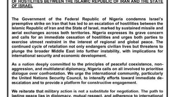 Nigeria Condemns Israel's Attack on Iran, Appeals for 'Utmost Restraint' of Both for Regional, Global Peace - Sputnik Africa