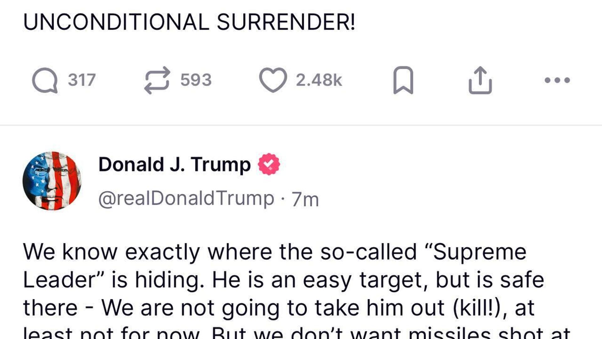 Trump Demands Iran's 'Unconditional Surrender' Trump Demands Iran's 'Unconditional Surrender' - Sputnik Africa, 1920, 17.06.2025
