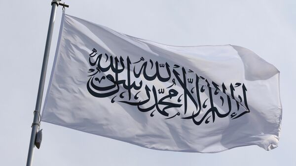 The national flag of the Islamic Emirate of Afghanistan, the Taliban, fluttering in the wind on a flagpole in Saint Petersburg, Russia. - Sputnik Africa