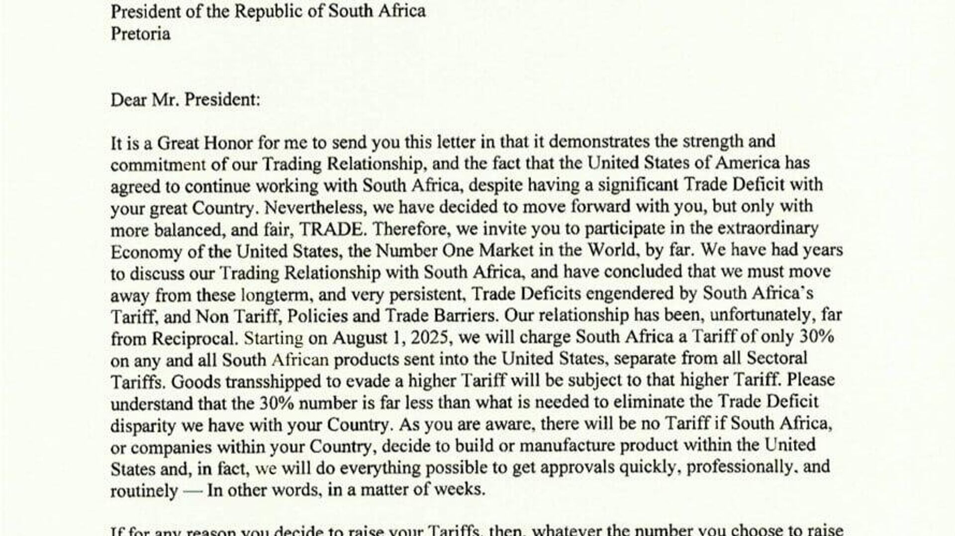 The United States will impose import duties of 30% on South Africa starting from August 1st The United States will impose import duties of 30% on South Africa starting from August 1st - Sputnik Africa, 1920, 07.07.2025
