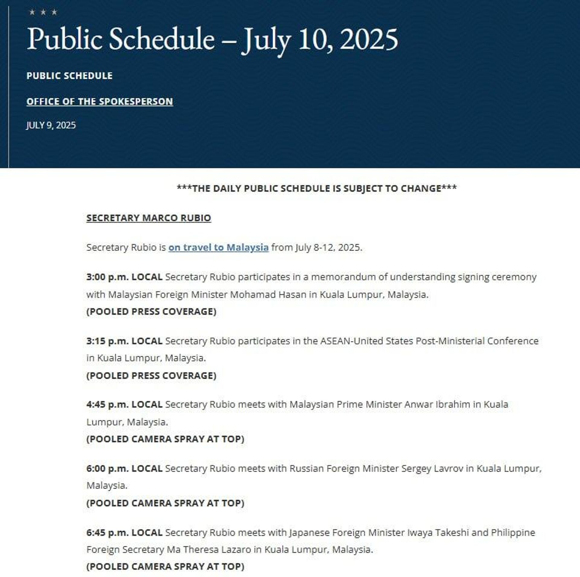 Lavrov–Rubio meeting listed in US State Department Public Schedule Lavrov–Rubio meeting listed in US State Department Public Schedule - Sputnik Africa, 1920, 10.07.2025
