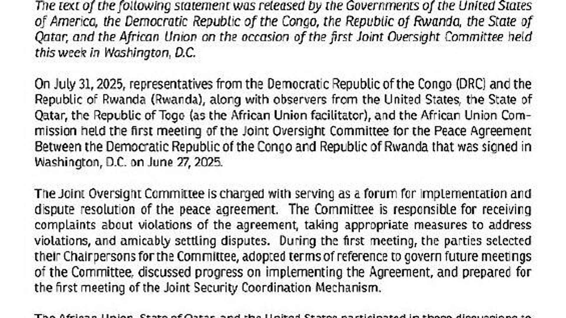 One More Step Towards Peace: DRC & Rwanda Launch Joint Oversight Committee One More Step Towards Peace: DRC & Rwanda Launch Joint Oversight Committee - Sputnik Africa, 1920, 01.08.2025