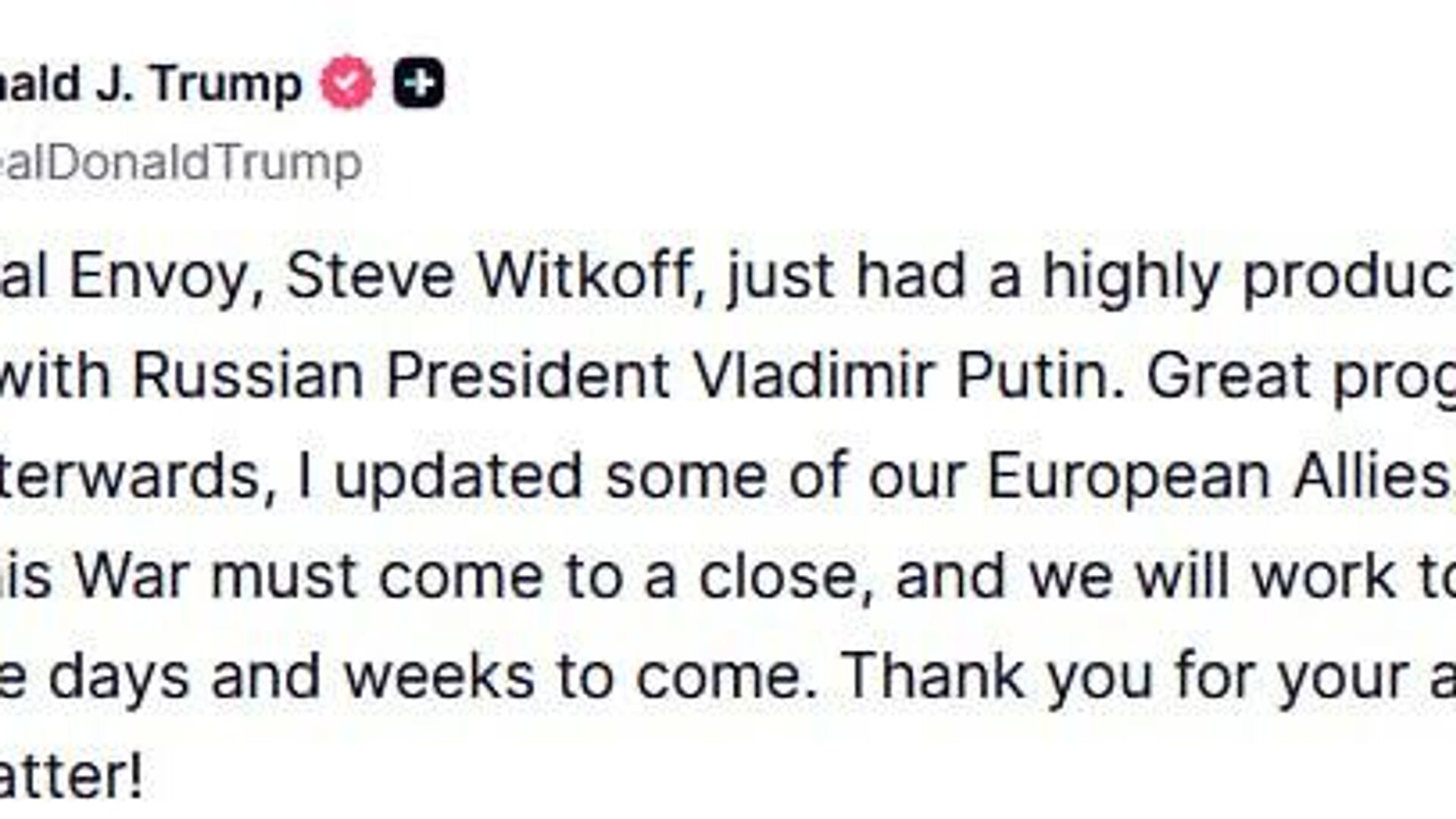 The meeting between Putin and Witkoff was highly productive, Trump stated The meeting between Putin and Witkoff was highly productive, Trump stated - Sputnik Africa, 1920, 06.08.2025