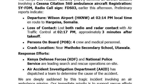 Aircraft That Crashed in Nairobi Was Air Ambulance, Kenya Civil Aviation Authority Says - Sputnik Africa