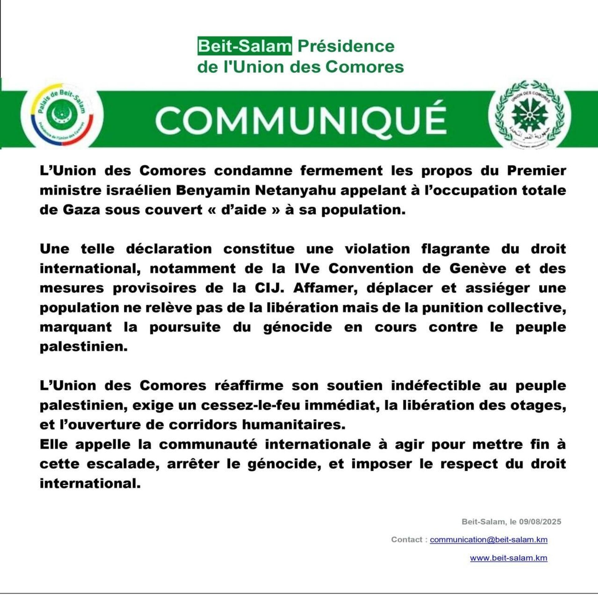 Les Comores condamnent fermement l'intention de Netanyahou d'occuper Gaza Les Comores condamnent fermement l'intention de Netanyahou d'occuper Gaza - Sputnik Afrique, 1920, 10.08.2025