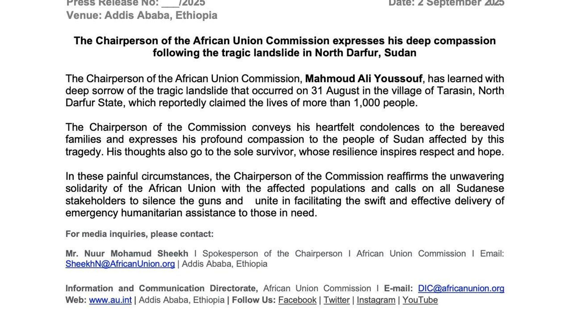 Africa United in Face of Landslides in Sudan: AU Calls for Ceasefire Africa United in Face of Landslides in Sudan: AU Calls for Ceasefire - Sputnik Africa, 1920, 02.09.2025