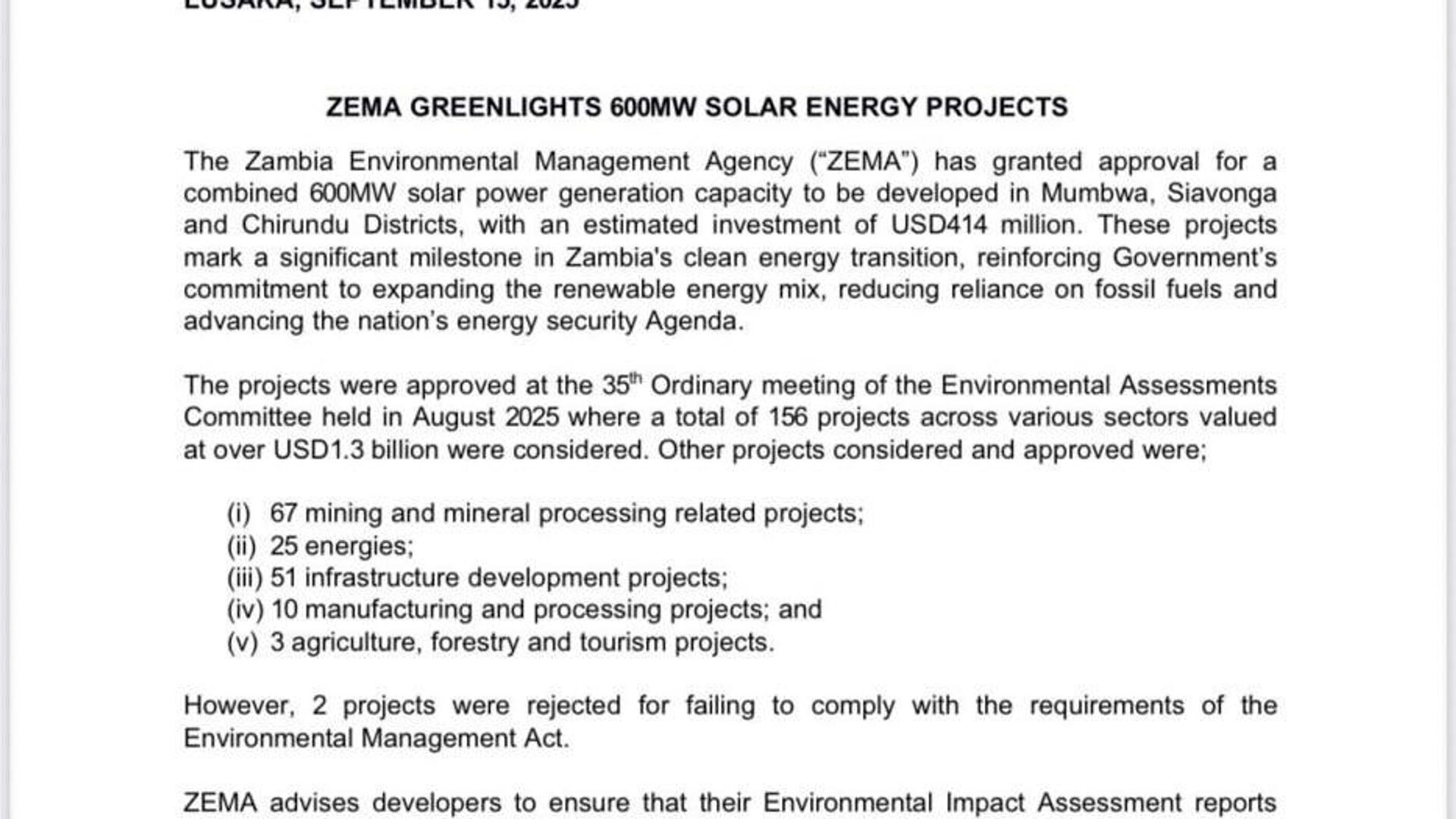 Zambia Approves $414M Solar Projects, Strengthening National Energy Security, Gov't Says Zambia Approves $414M Solar Projects, Strengthening National Energy Security, Gov't Says - Sputnik Africa, 1920, 16.09.2025