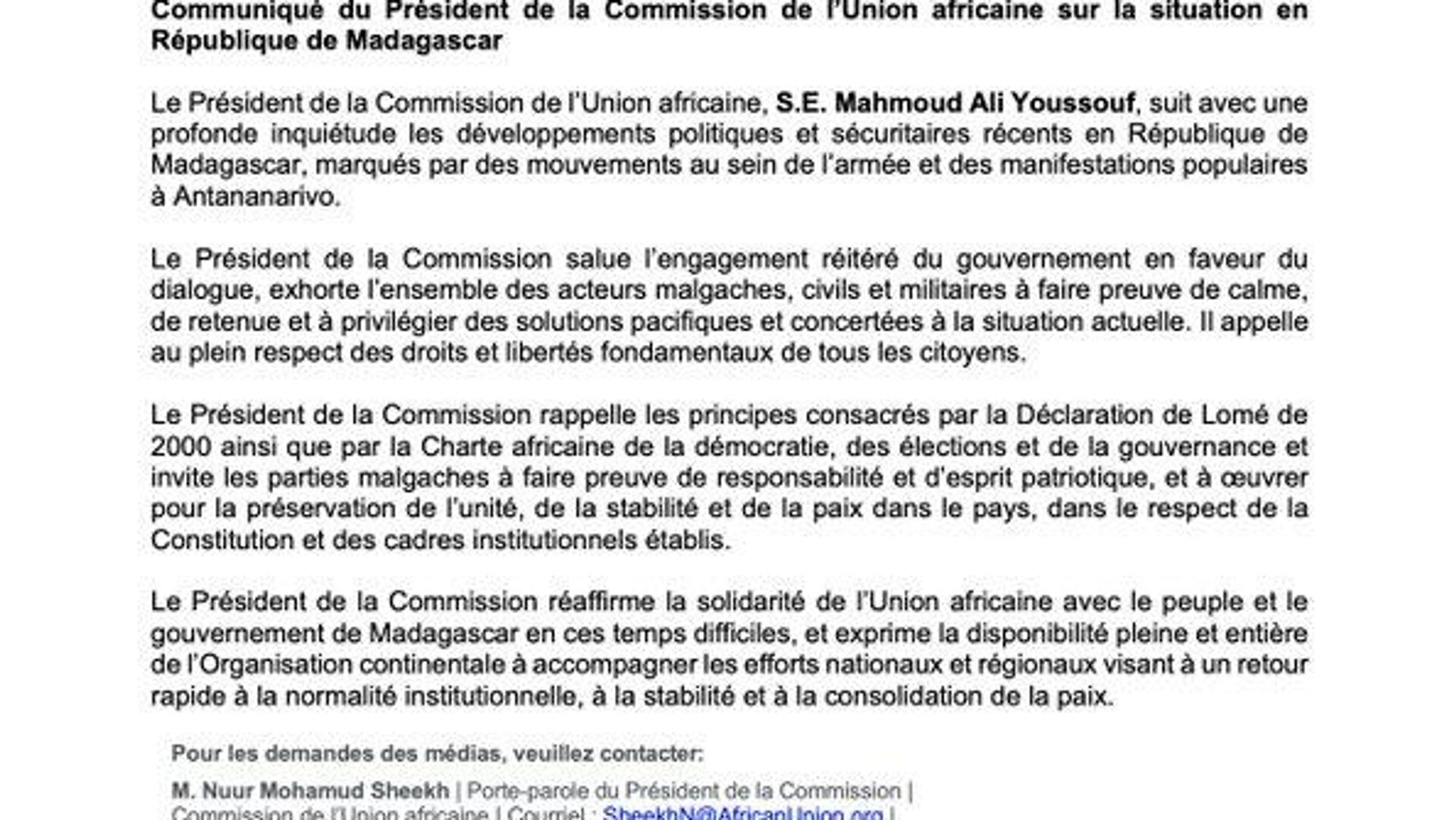 L'UA appelle les Malgaches à privilégier des solutions pacifiques L'UA appelle les Malgaches à privilégier des solutions pacifiques - Sputnik Afrique, 1920, 12.10.2025