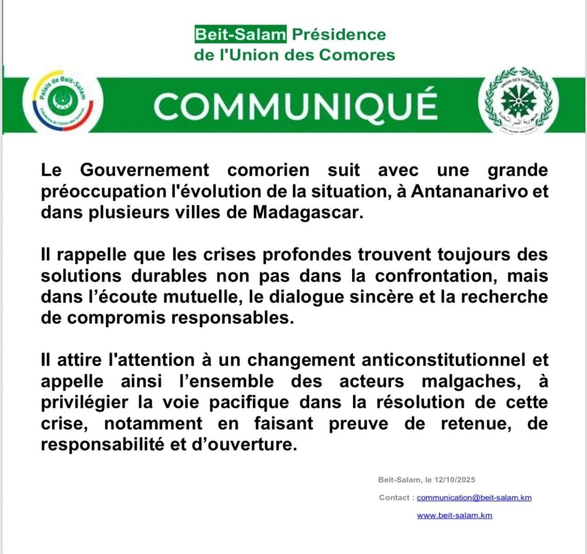 Face à la crise à Madagascar, l'Union des Comores appelle à faire preuve de retenue - Sputnik Afrique, 1920, 12.10.2025