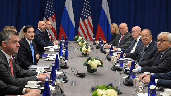 Russian Foreign Minister Sergey Lavrov (second from right) and US Secretary of State Marco Rubio (third from left) during a meeting on the sidelines of the High-Level Week of the 80th Session of the UN General Assembly in New York. - Sputnik Africa