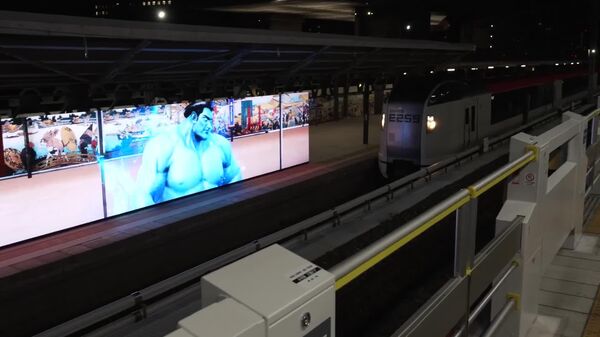 À la station Ryogoku à Tokyo, connue pour son arène de sumo, un écran montre un lutteur arrêtant un train pour sauver un chat - Sputnik Afrique