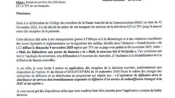 Le Mali suspend jusqu'à nouvel ordre les chaînes françaises LCI et TF1 Le Mali suspend jusqu'à nouvel ordre les chaînes françaises LCI et TF1 - Sputnik Afrique