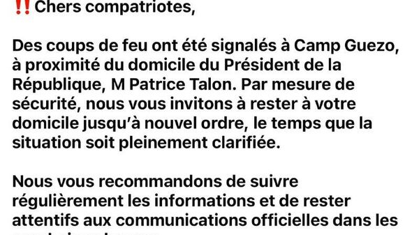 Gunfire has been reported at Camp Guézo, near President Talon’s residence, the French Embassy in Benin says - Sputnik Africa