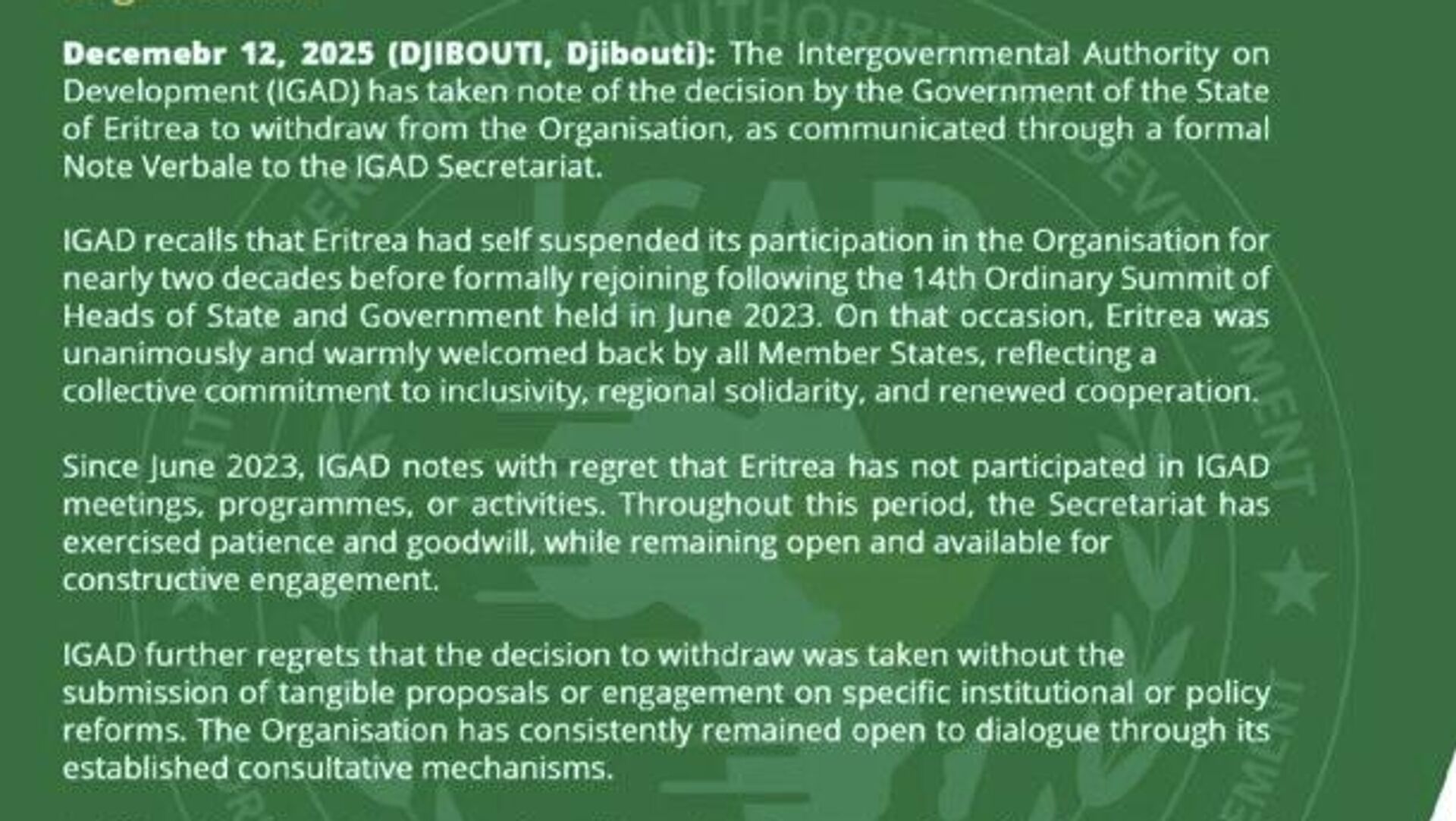 Eritrea Withdraws From IGAD, Citing Failure to Meet Regional Aspirations Eritrea Withdraws From IGAD, Citing Failure to Meet Regional Aspirations - Sputnik Africa, 1920, 12.12.2025