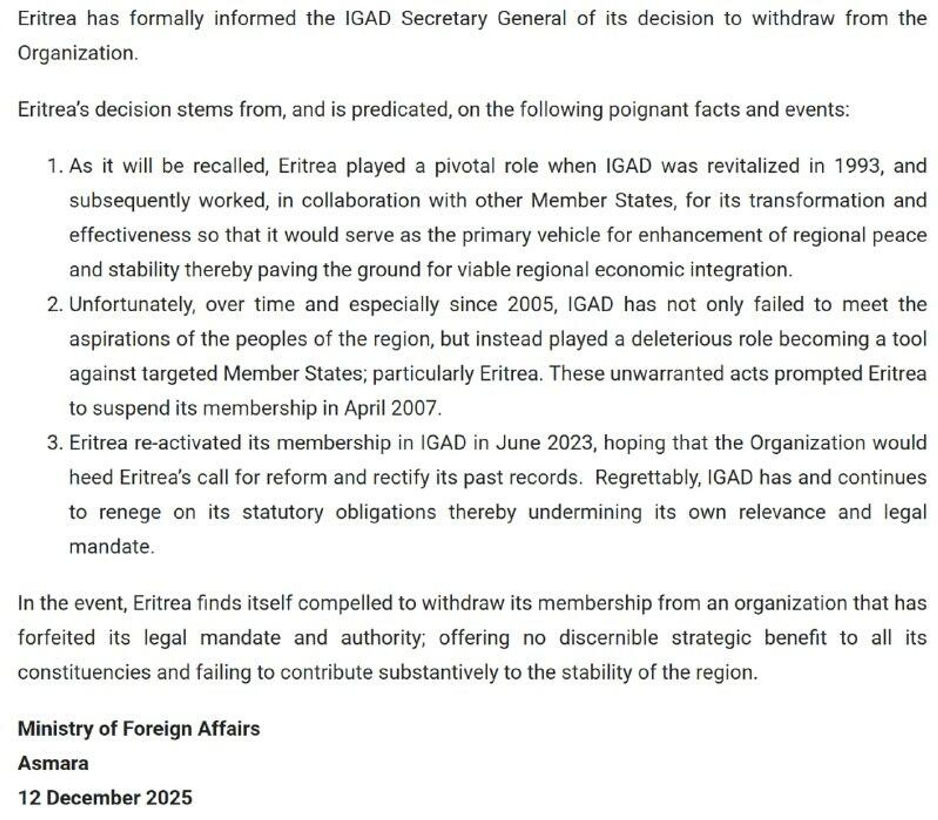 Eritrea Withdraws From IGAD, Citing Failure to Meet Regional Aspirations Eritrea Withdraws From IGAD, Citing Failure to Meet Regional Aspirations - Sputnik Africa, 1920, 12.12.2025