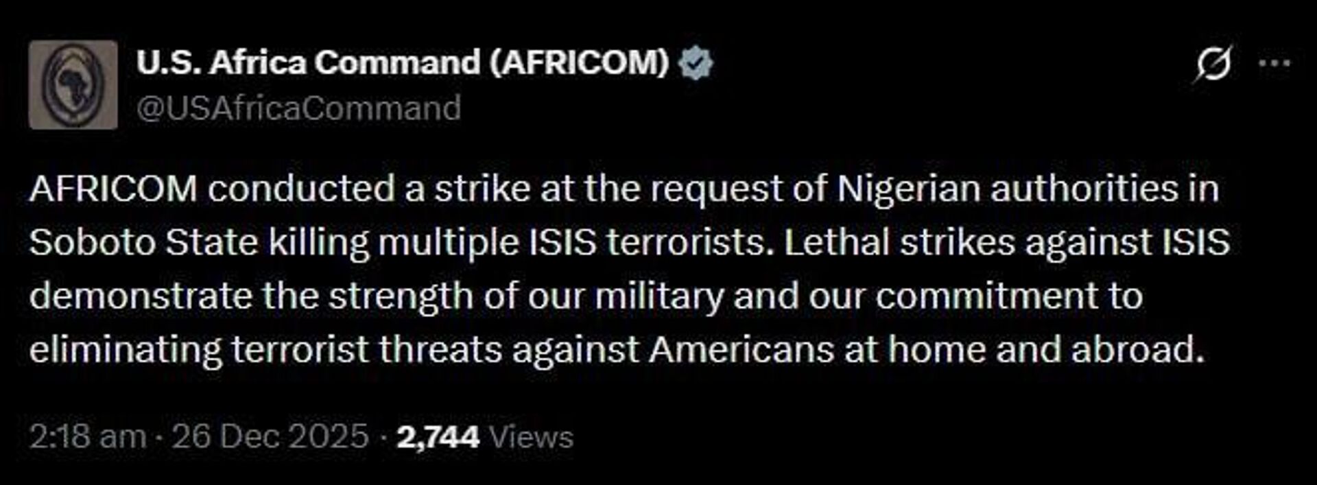 AFRICOM confirms strike in northwest Nigeria 'at the request of authorities' AFRICOM confirms strike in northwest Nigeria 'at the request of authorities' - Sputnik Africa, 1920, 26.12.2025