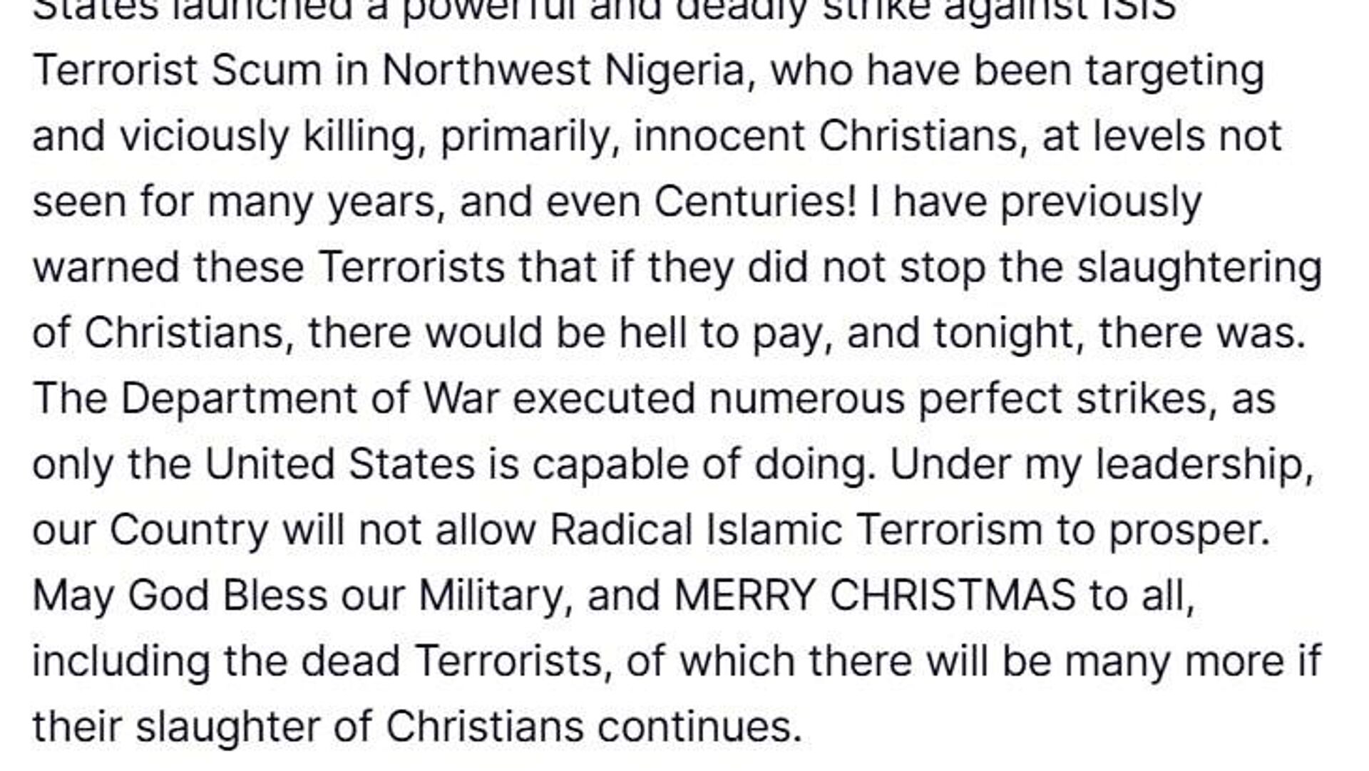 US carried out 'deadly strike' on ISIS targets in northwest Nigeria — Trump US carried out 'deadly strike' on ISIS targets in northwest Nigeria — Trump - Sputnik Africa, 1920, 26.12.2025