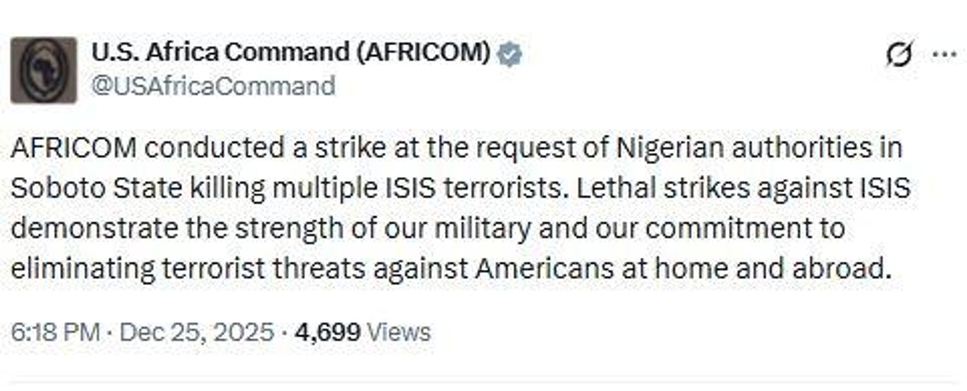 Le Pentagone a mal orthographié le nom de l'État nigérian qu'il avait précédemment ciblé lors de frappes antiterroristes - Sputnik Afrique, 1920, 26.12.2025