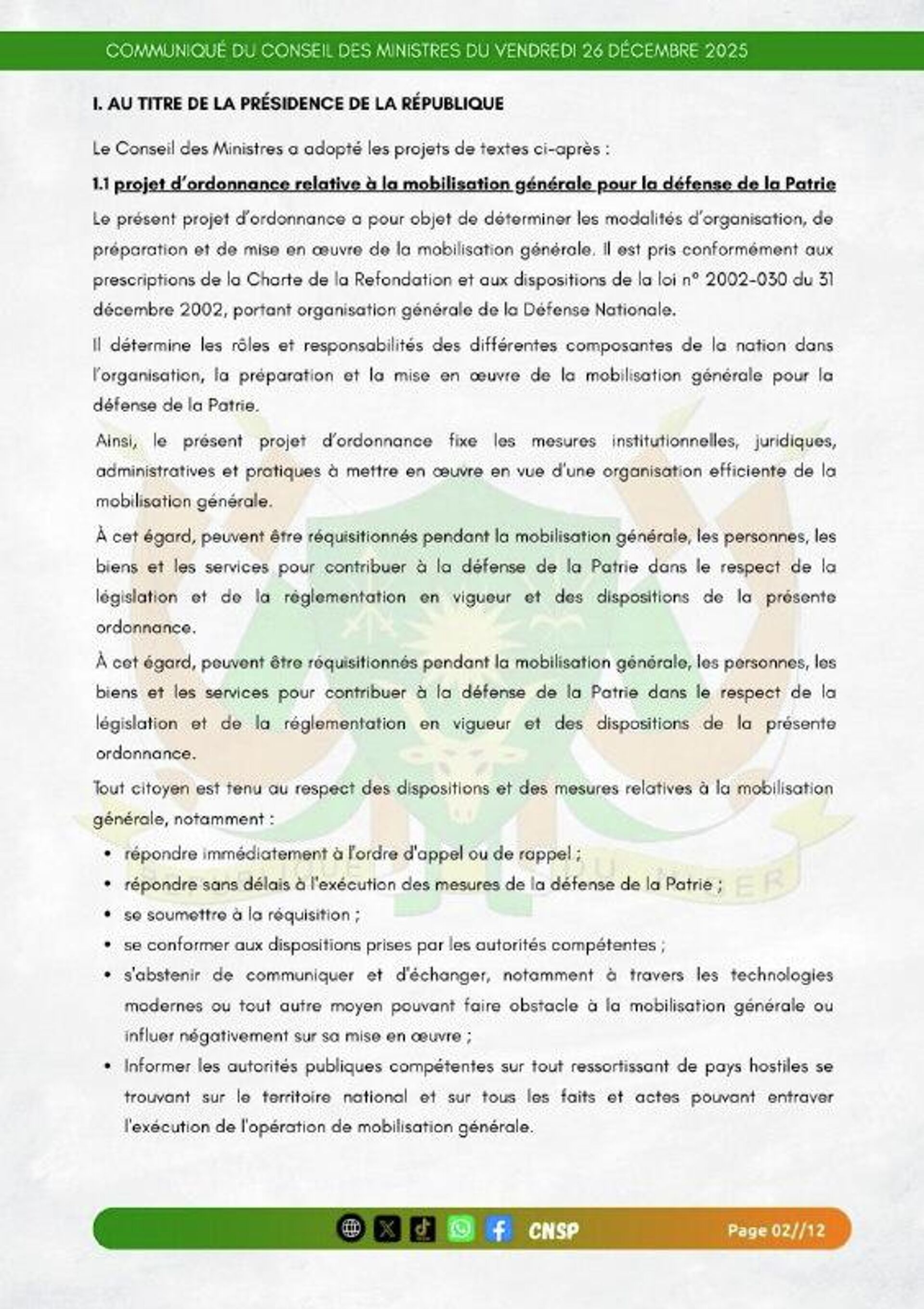 Au Niger, le gouvernement détermine les modalités de la mobilisation générale pour la défense de la Patrie - Sputnik Afrique, 1920, 27.12.2025