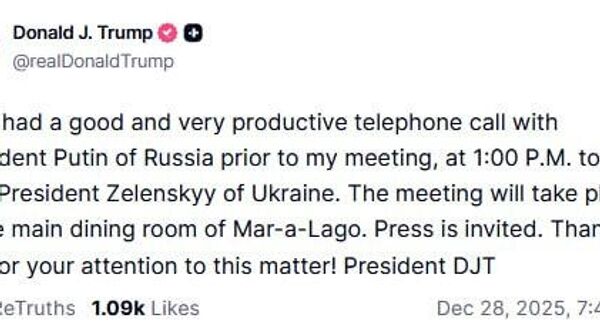 Trump says he had a very good and productive telephone call with Putin, prior to meeting with Zelensky in Miami - Sputnik Africa