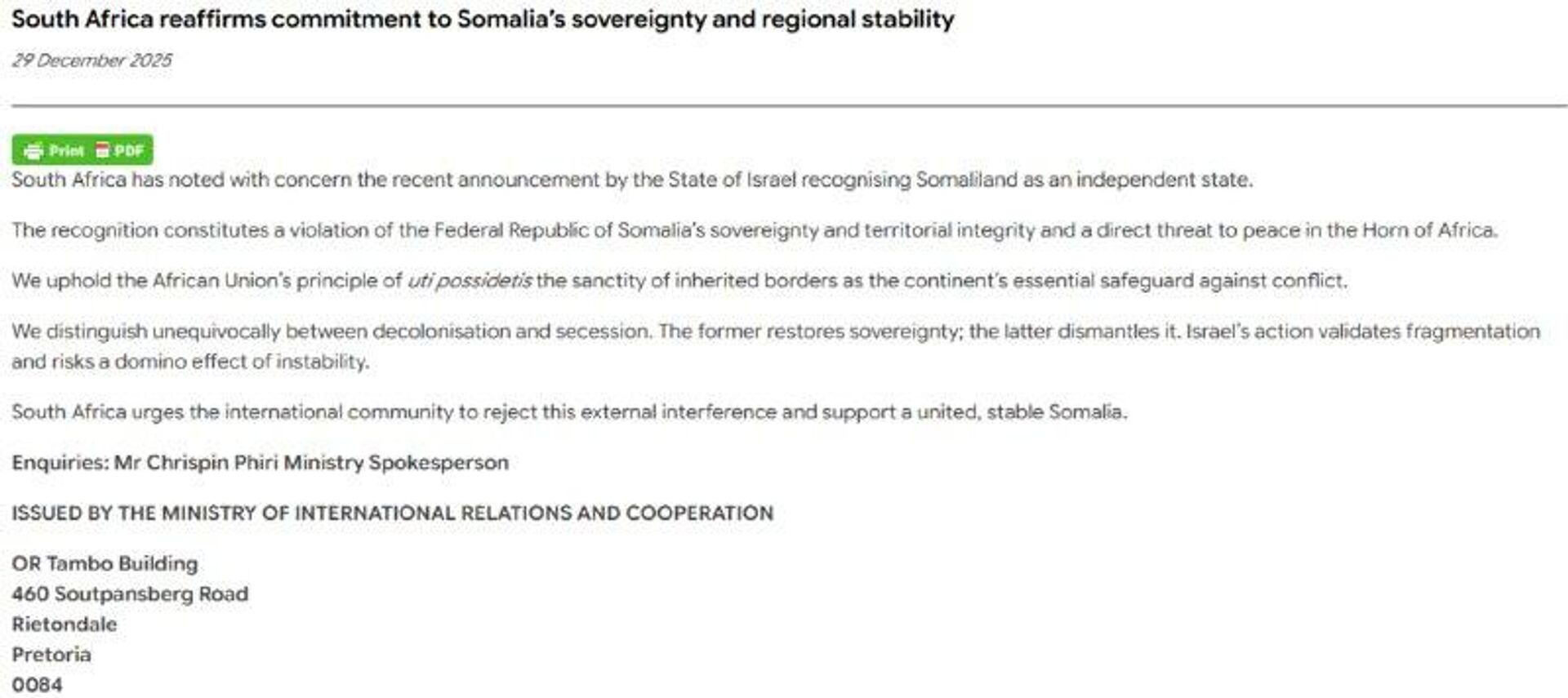 Rwanda and South Africa Reaffirm Support for Somalia’s Unity - Sputnik Africa, 1920, 29.12.2025