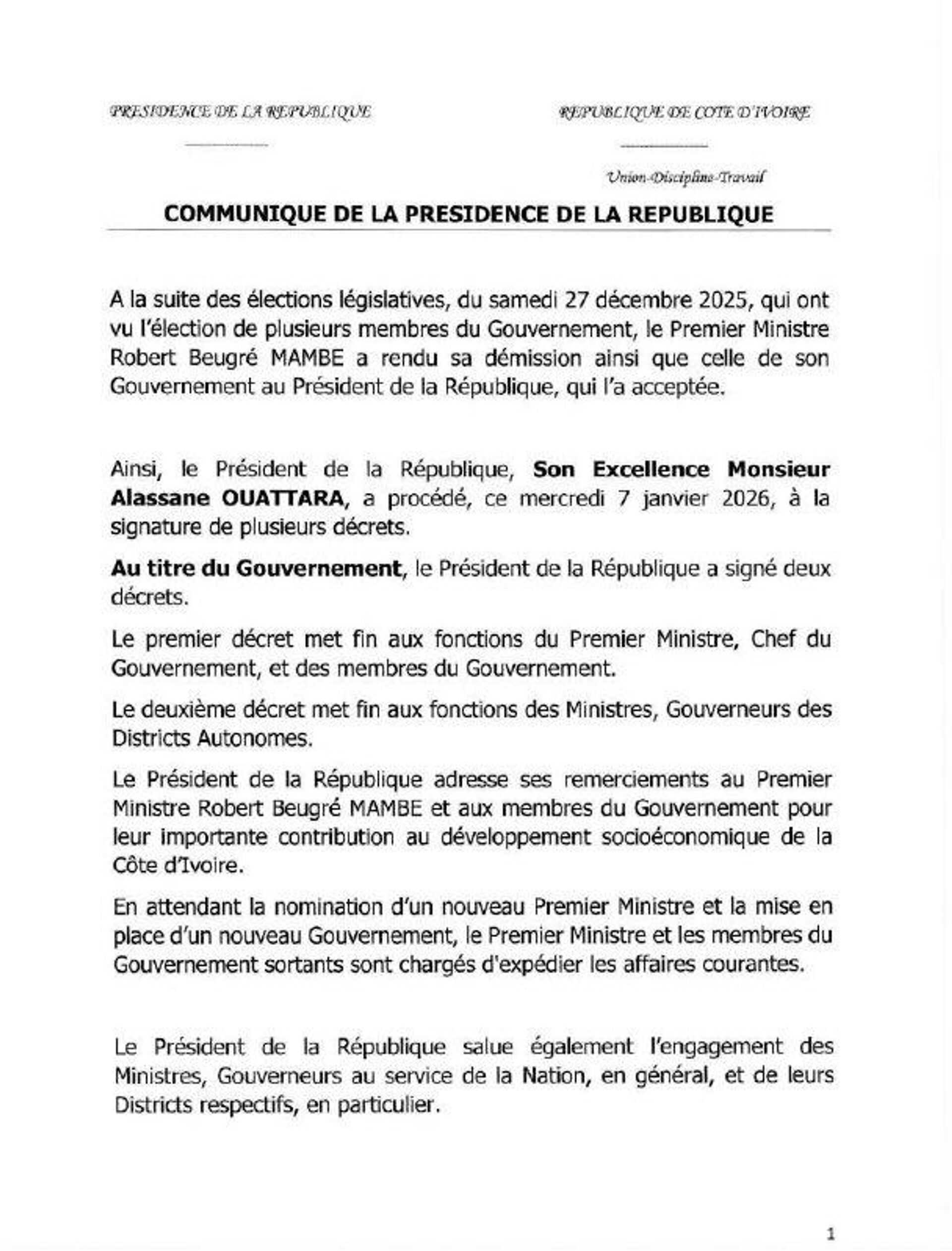 Le Président ivoirien dissout le gouvernement - Sputnik Afrique, 1920, 07.01.2026