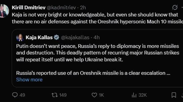 Putin’s Special Envoy Dmitriev Reminds Kallas That There is No Air Defense System Against Russia’s Oreshnik Putin’s Special Envoy Dmitriev Reminds Kallas That There is No Air Defense System Against Russia’s Oreshnik - Sputnik Africa