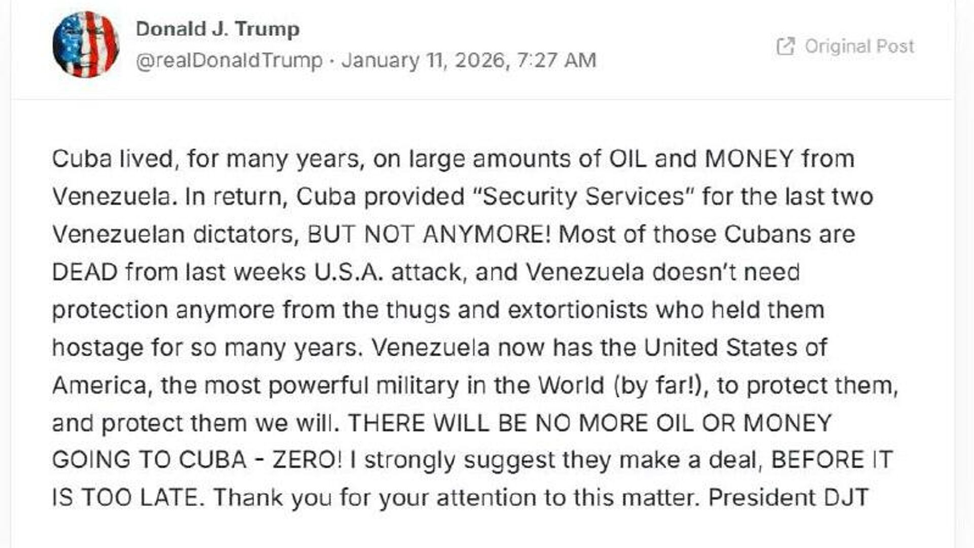 Trump dit à Cuba de conclure un accord avec les États-Unis avant qu'il ne soit trop tard Trump dit à Cuba de conclure un accord avec les États-Unis avant qu'il ne soit trop tard - Sputnik Afrique, 1920, 11.01.2026