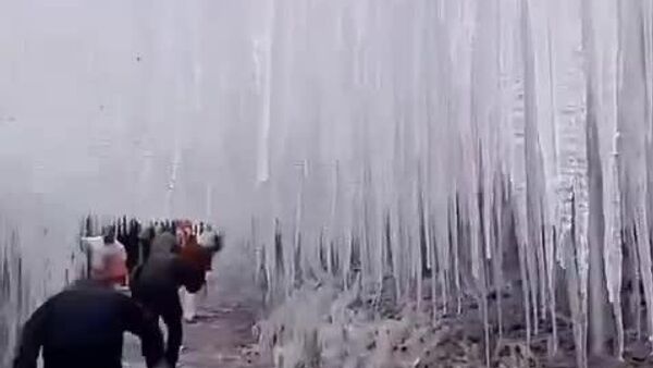 En Chine, des dizaines d'énormes stalactites acérées pendent du bord de cette falaise comme des épées gelées suspendues - Sputnik Afrique