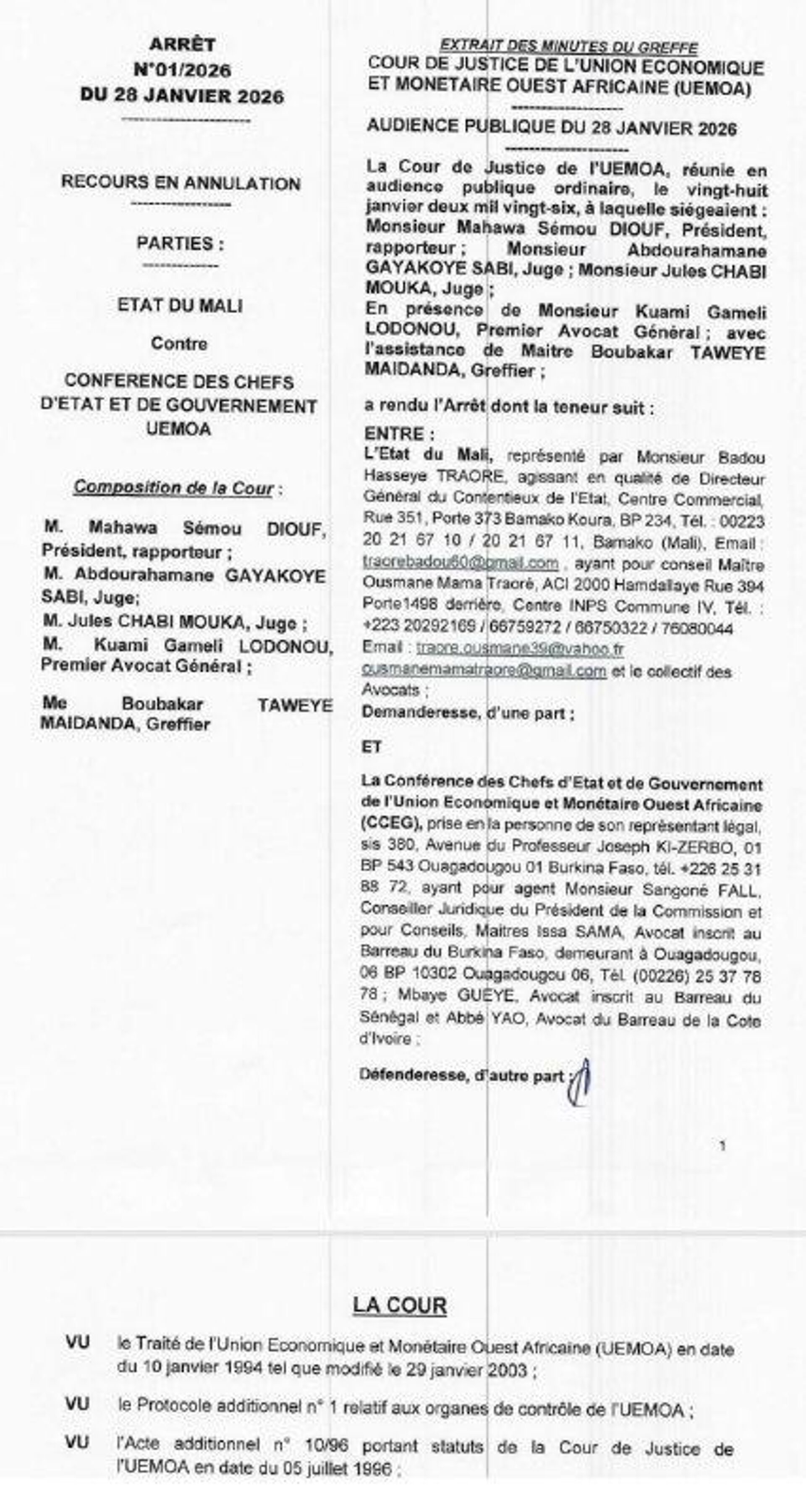 La Cour de justice de l’UEMOA reconnaît l’illégalité des sanctions imposées au Mali en 2022 La Cour de justice de l’UEMOA reconnaît l’illégalité des sanctions imposées au Mali en 2022 - Sputnik Afrique, 1920, 30.01.2026