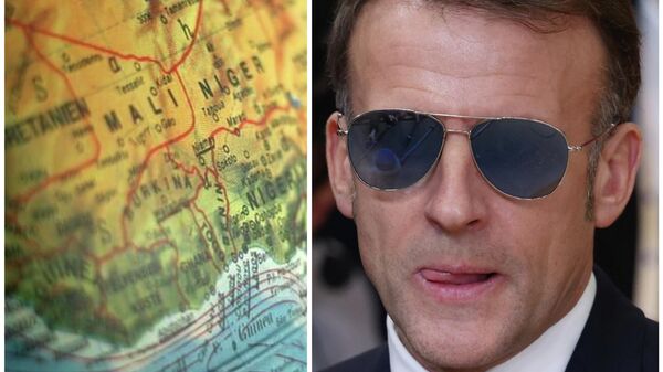 French President Emmanuel Macron speaks with the media as he arrives for the EU summit in Brussels, Thursday, Jan. 22, 2026. + African continent on the globe (AP) - Sputnik Africa