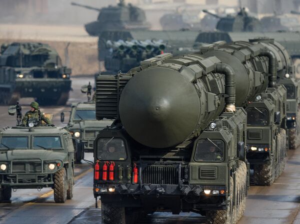 Topol-M ground-launched missile launcher during a rehearsal for the Victory Day parade. - Sputnik Africa