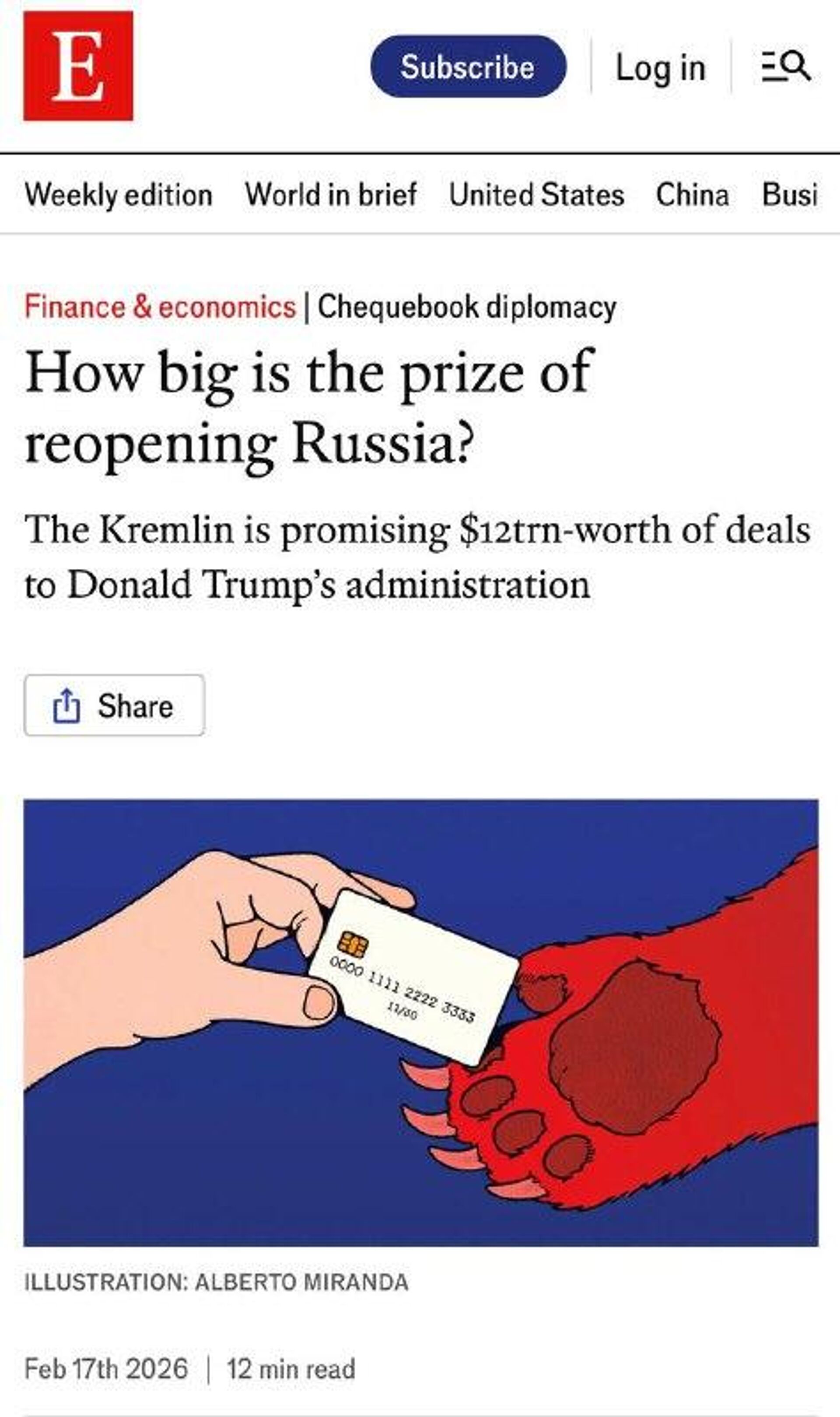 Fake news : un envoyé de Poutine dément un article selon lequel la Russie propose aux États-Unis des contrats d'une valeur de $12 - Sputnik Afrique, 1920, 19.02.2026