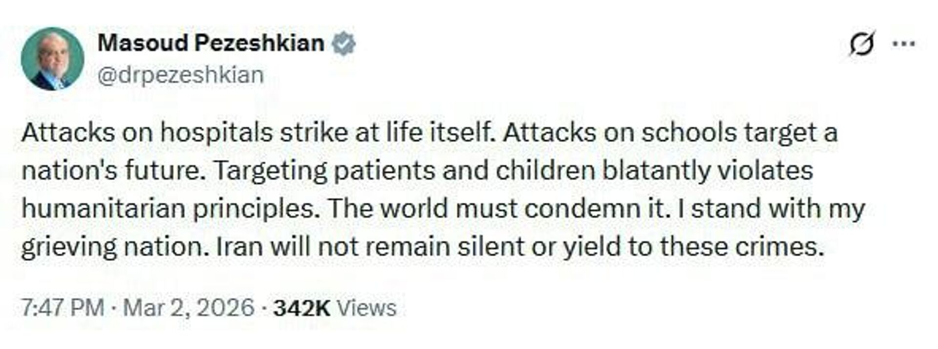 L'Iran ne restera pas silencieux et ne cédera pas face à ces crimes - Président Pezeshkian - Sputnik Afrique, 1920, 02.03.2026