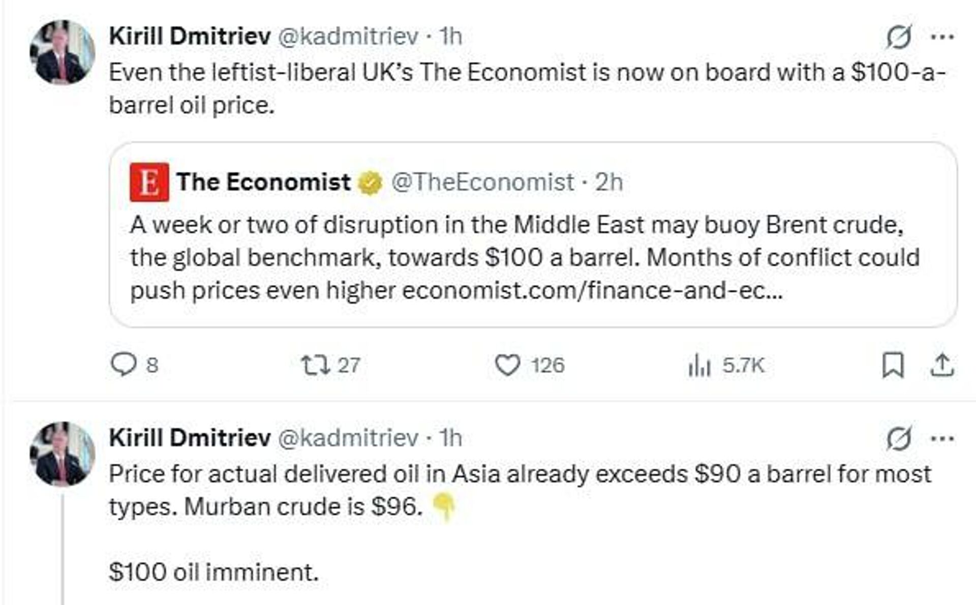 Oil Costing $100 a Barrel?—Putin's Special Envoy Dmitriev Deems It ‘Imminent’ - Sputnik Africa, 1920, 05.03.2026