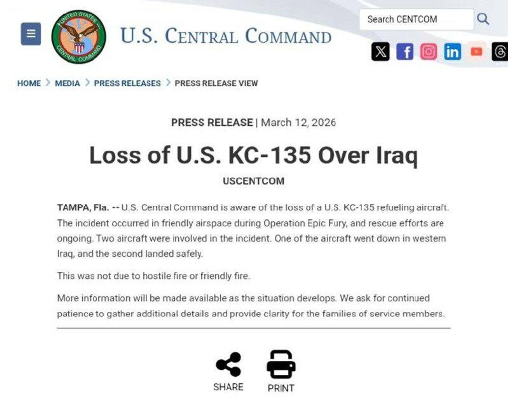 Les États-Unis ont perdu un avion ravitailleur KC-135 en Irak, selon CENTCOM - Sputnik Afrique, 1920, 13.03.2026
