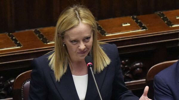 Italian Premier Giorgia Meloni addresses the lower Chamber ahead of a confidence vote for her Cabinet, Tuesday, Oct. 25, 2022.  - Sputnik Africa