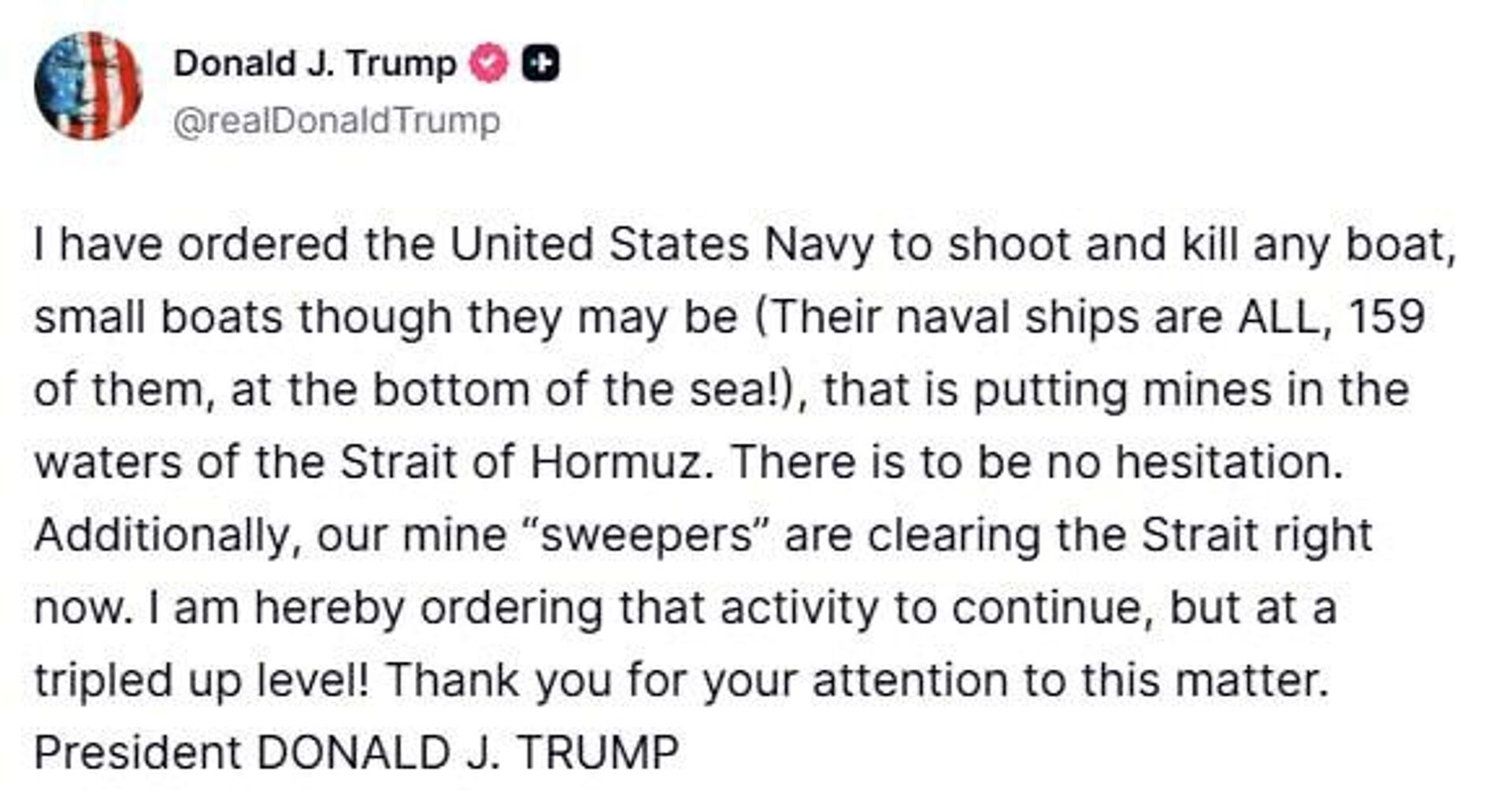  Trump orders Navy to 'shoot and kill' any boat laying mines in Strait of Hormuz - Sputnik Africa, 1920, 23.04.2026