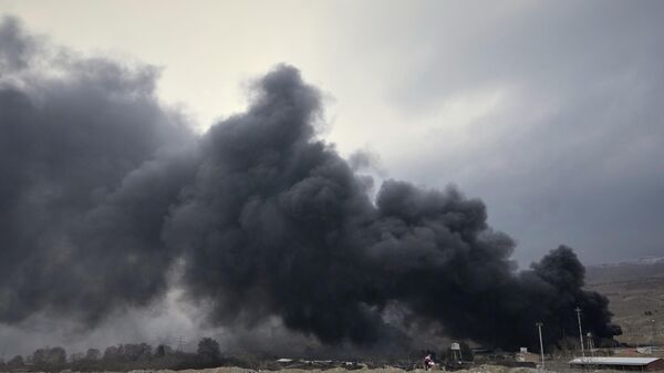 A thick plume of smoke rises from an oil storage facility hit by a U.S.-Israeli strike late Saturday in Tehran, Iran, Sunday, March 8, 2026. (AP Photo/Vahid Salemi) - Sputnik Africa